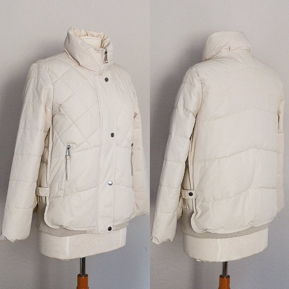 NEW Stone Ecru Ivory Diamond Quilted High Neck Nylon Cozy Warm Puffer Jacket - Picture 2 of 11